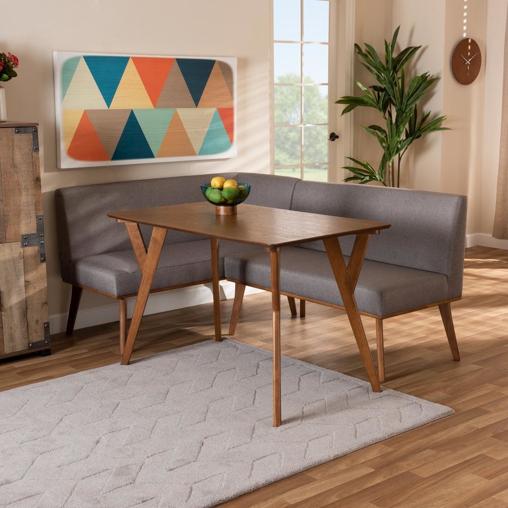 Grey Fabric Upholstered and Walnut Brown Finished Wood 3-Piece Dining Nook Set. Picture 18