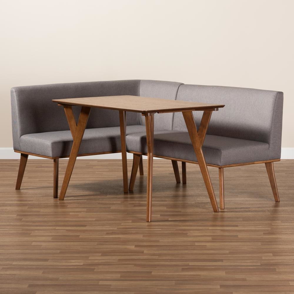 Grey Fabric Upholstered and Walnut Brown Finished Wood 3-Piece Dining Nook Set. Picture 19
