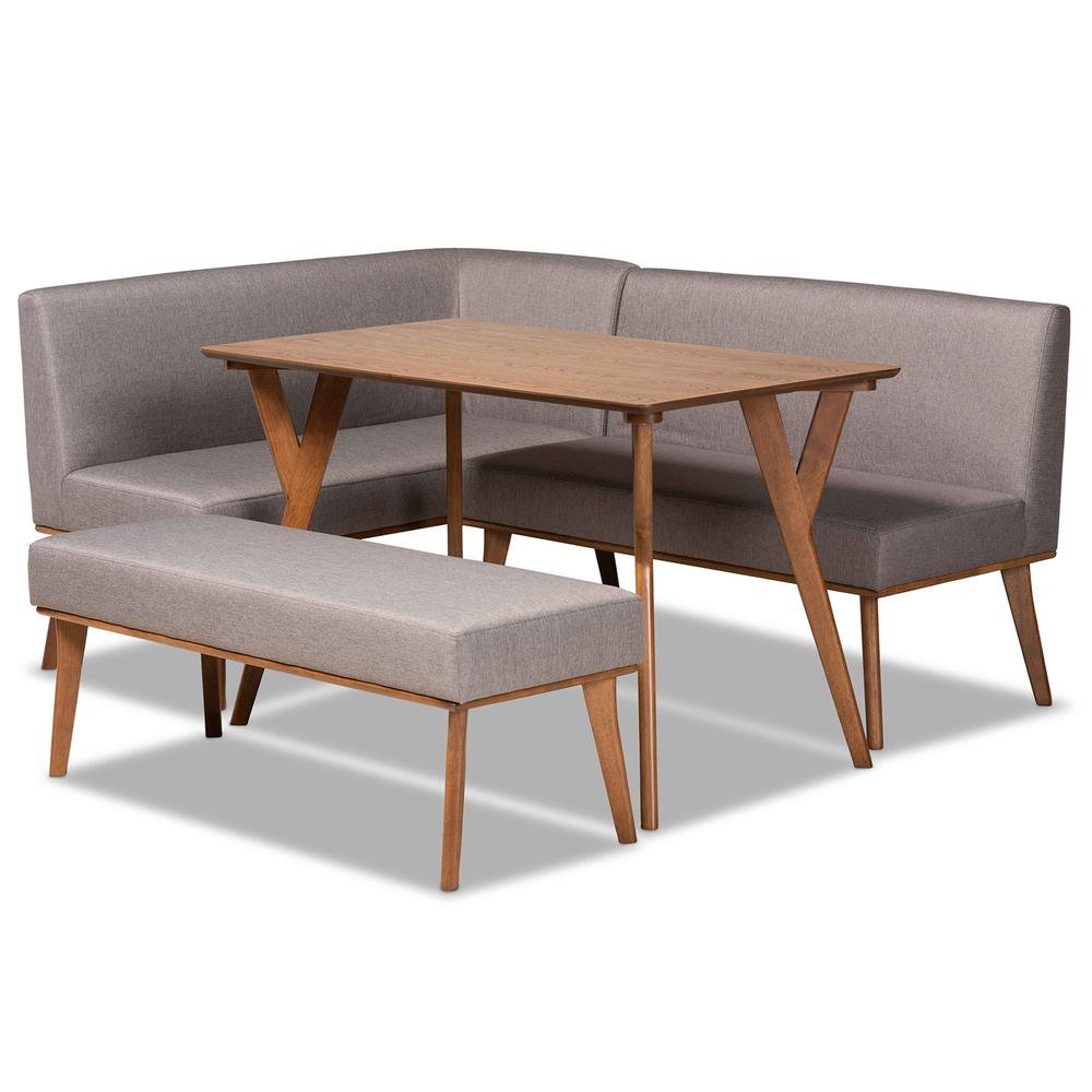 Grey Fabric Upholstered and Walnut Brown Finished Wood 4-Piece Dining Nook Set. Picture 12