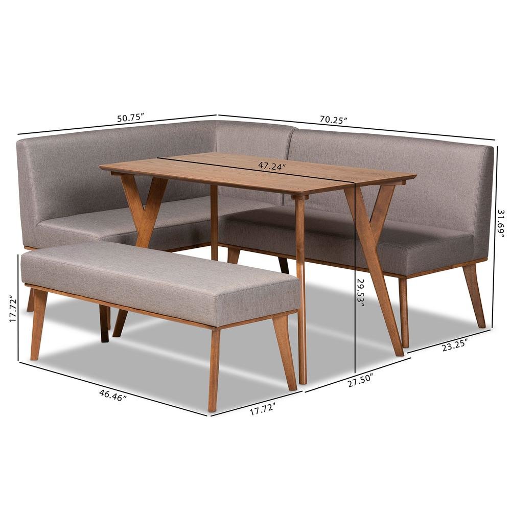 Grey Fabric Upholstered and Walnut Brown Finished Wood 4-Piece Dining Nook Set. Picture 22