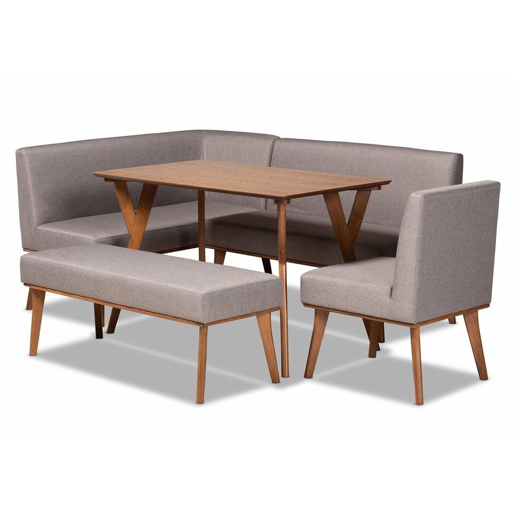 Grey Fabric Upholstered and Walnut Brown Finished Wood 5-Piece Dining Nook Set. Picture 13