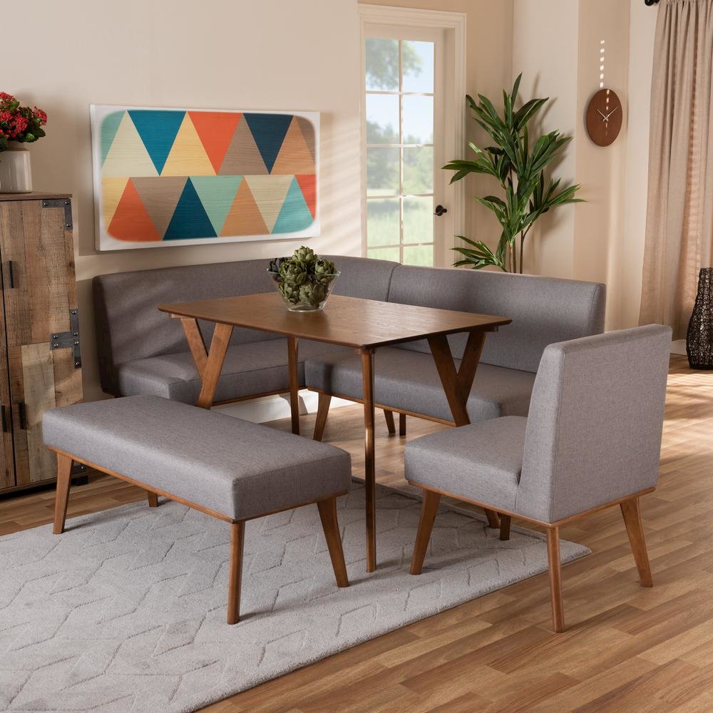 Grey Fabric Upholstered and Walnut Brown Finished Wood 5-Piece Dining Nook Set. Picture 22