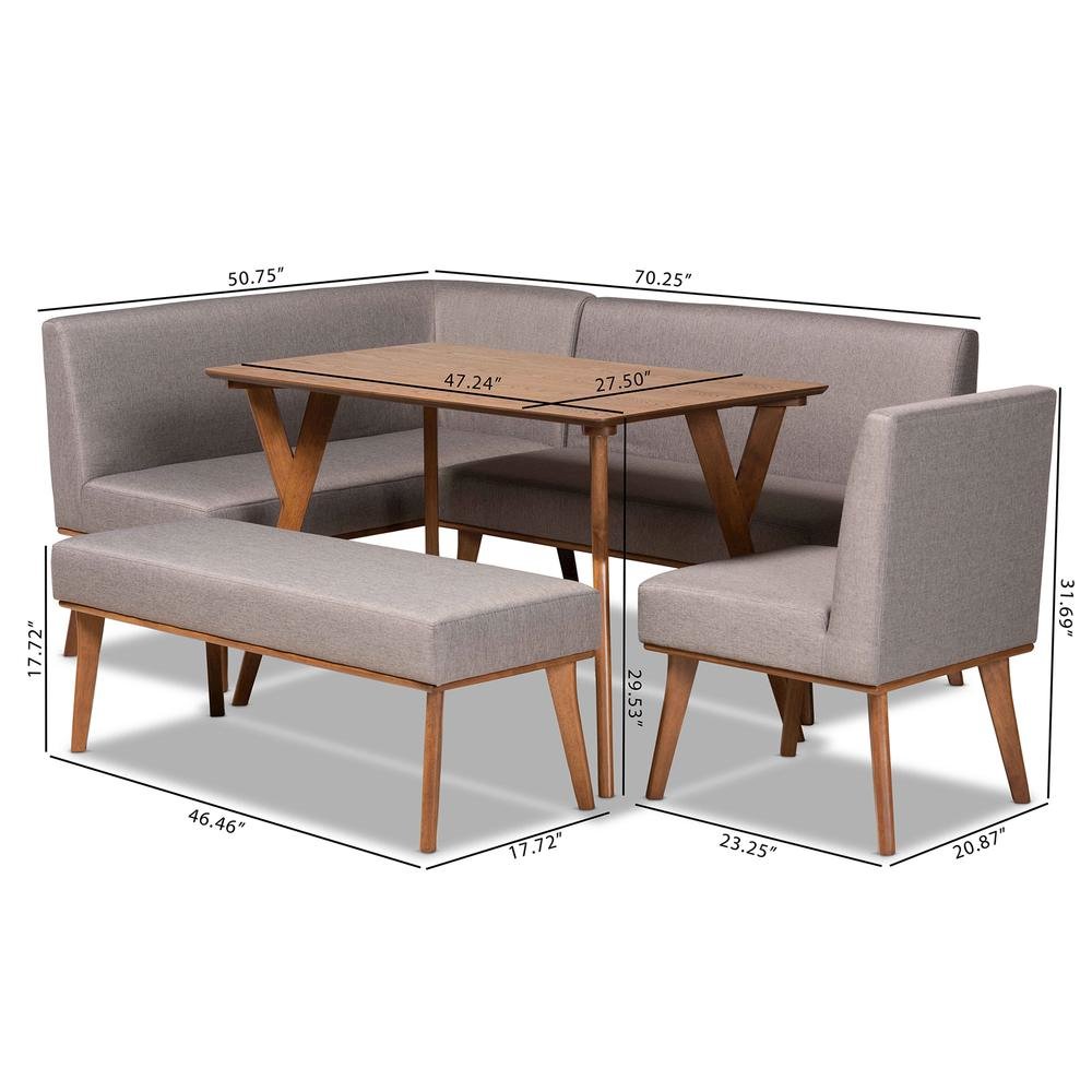 Grey Fabric Upholstered and Walnut Brown Finished Wood 5-Piece Dining Nook Set. Picture 24
