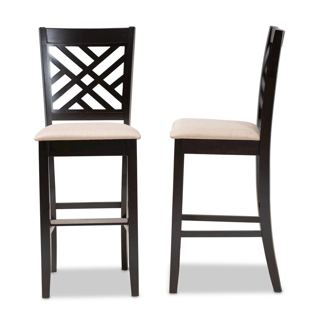 Sand Fabric Upholstered and Espresso Brown Finished Wood 2-Piece Bar Stool Set. Picture 12