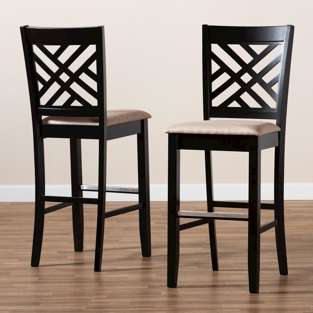 Sand Fabric Upholstered and Espresso Brown Finished Wood 2-Piece Bar Stool Set. Picture 17