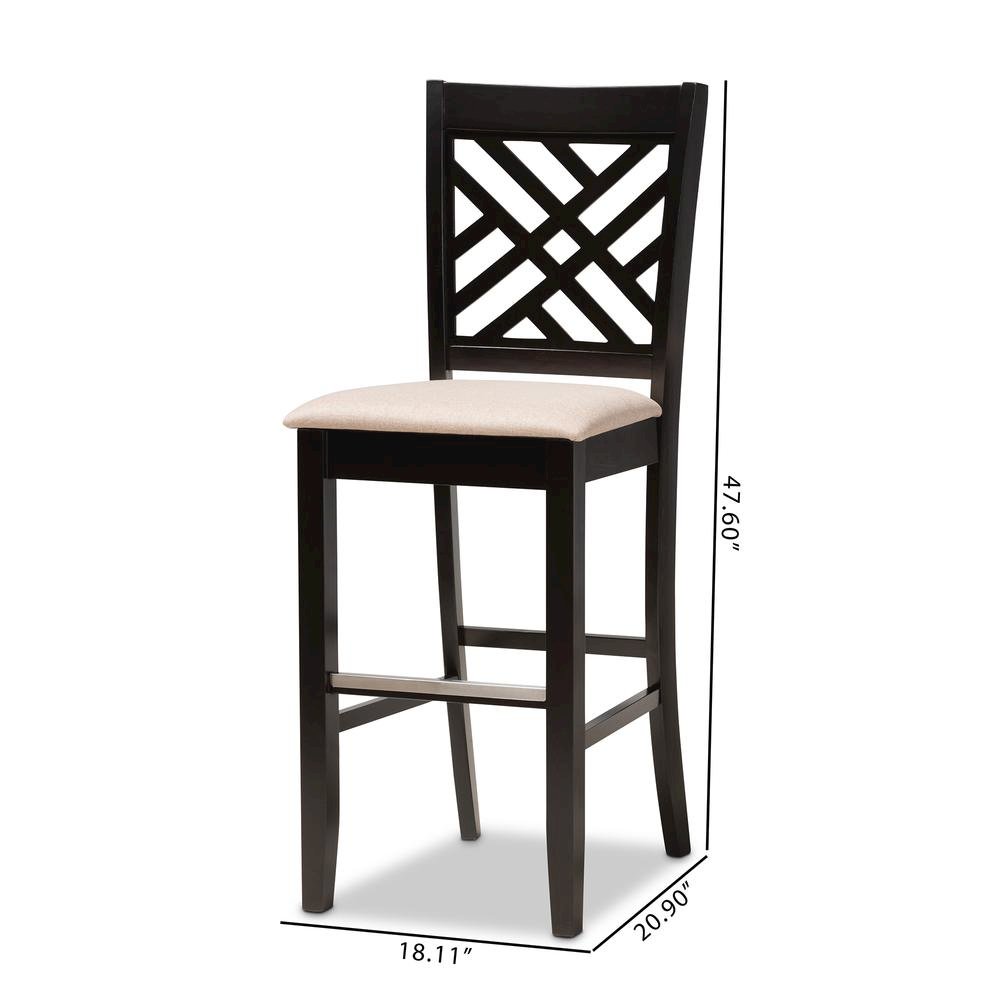 Sand Fabric Upholstered and Espresso Brown Finished Wood 2-Piece Bar Stool Set. Picture 18