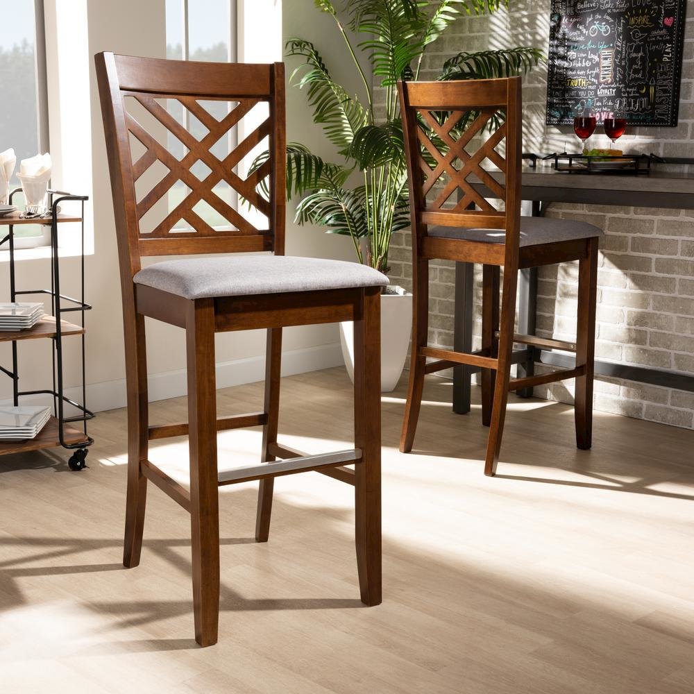 Grey Fabric Upholstered and Walnut Brown Finished Wood 2-Piece Bar Stool Set. Picture 16
