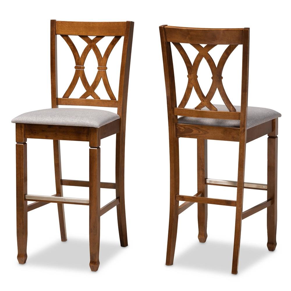 Grey Fabric Upholstered and Walnut Brown Finished Wood 2-Piece Bar Stool Set. Picture 10