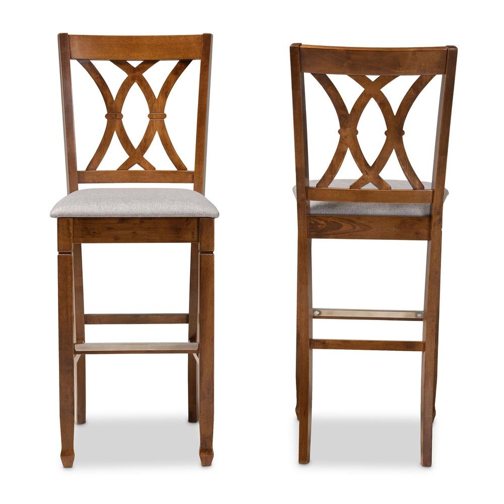 Grey Fabric Upholstered and Walnut Brown Finished Wood 2-Piece Bar Stool Set. Picture 11