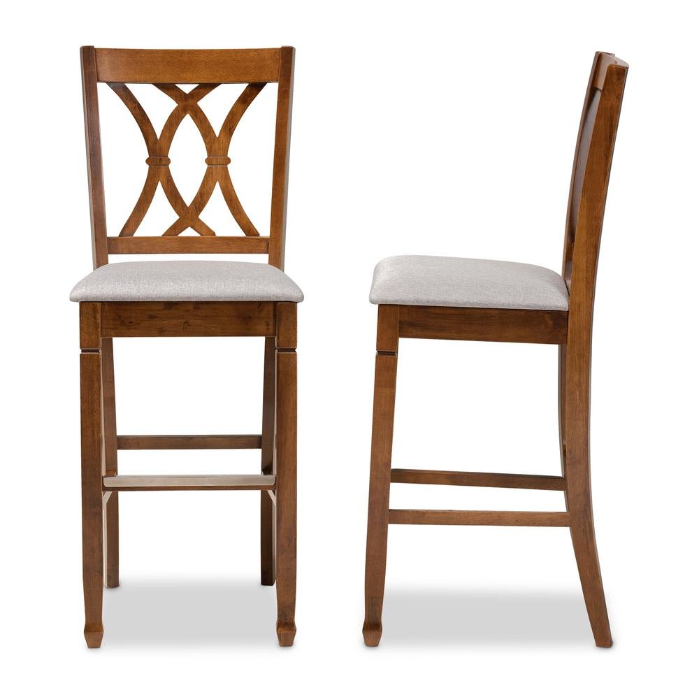 Grey Fabric Upholstered and Walnut Brown Finished Wood 2-Piece Bar Stool Set. Picture 12