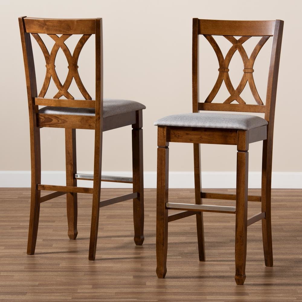 Grey Fabric Upholstered and Walnut Brown Finished Wood 2-Piece Bar Stool Set. Picture 17