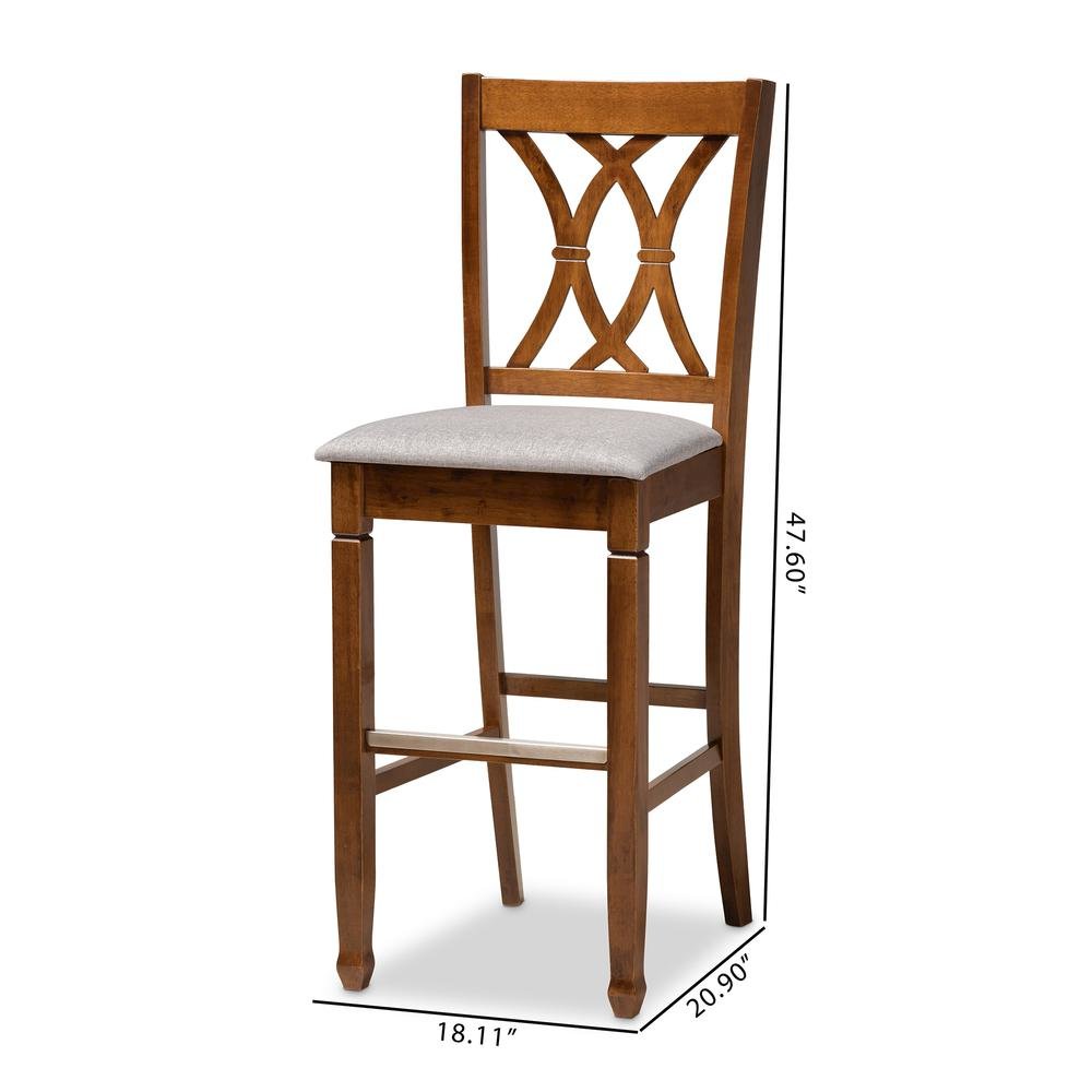 Grey Fabric Upholstered and Walnut Brown Finished Wood 2-Piece Bar Stool Set. Picture 18
