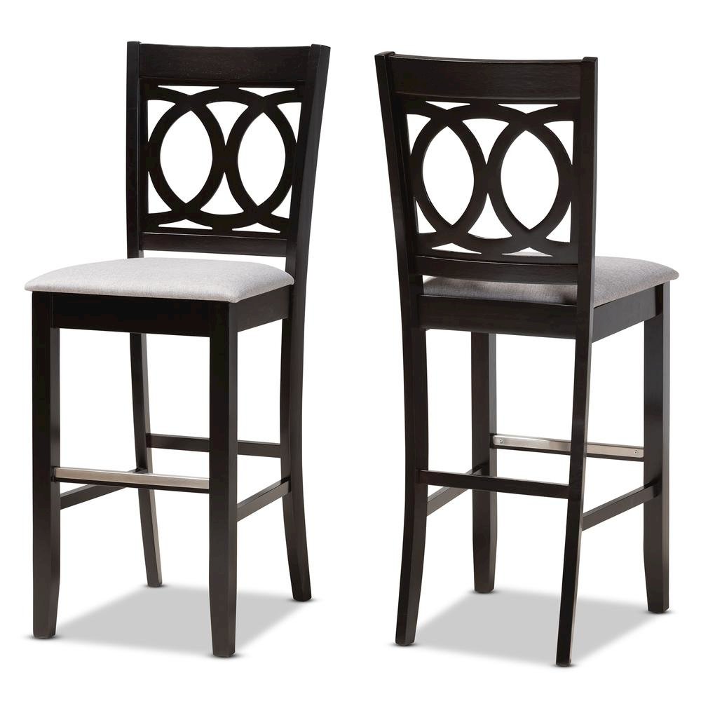 Grey Fabric Upholstered and Espresso Brown Finished Wood 2-Piece Bar Stool Set. Picture 10