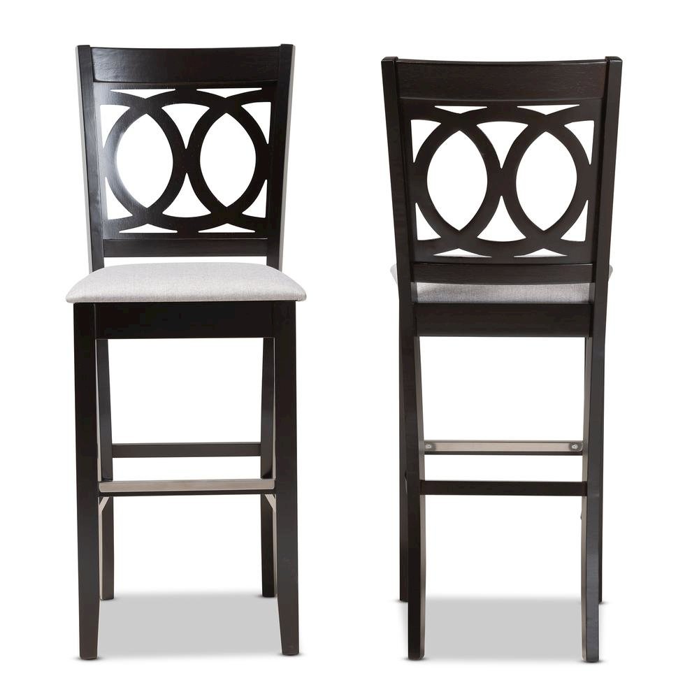 Grey Fabric Upholstered and Espresso Brown Finished Wood 2-Piece Bar Stool Set. Picture 11