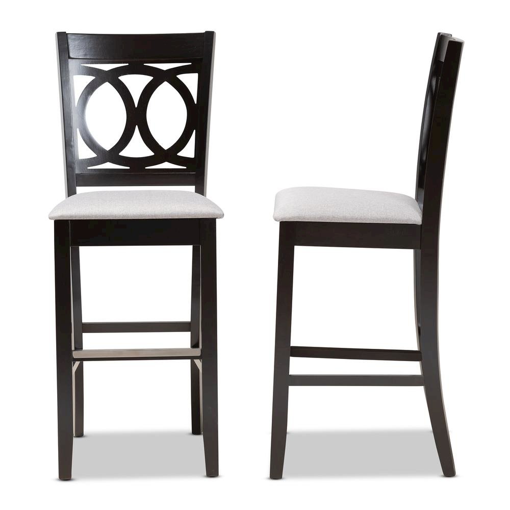 Grey Fabric Upholstered and Espresso Brown Finished Wood 2-Piece Bar Stool Set. Picture 12