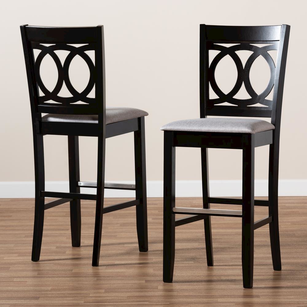 Grey Fabric Upholstered and Espresso Brown Finished Wood 2-Piece Bar Stool Set. Picture 17