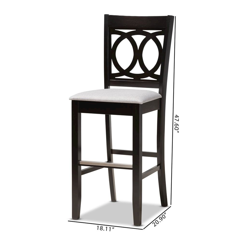 Grey Fabric Upholstered and Espresso Brown Finished Wood 2-Piece Bar Stool Set. Picture 18
