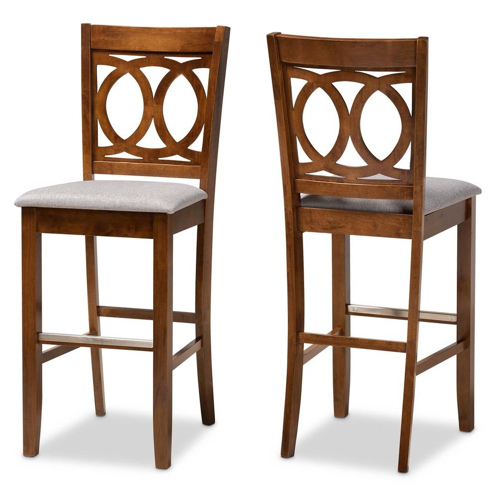 Grey Fabric Upholstered and Walnut Brown Finished Wood 2-Piece Bar Stool Set. Picture 10