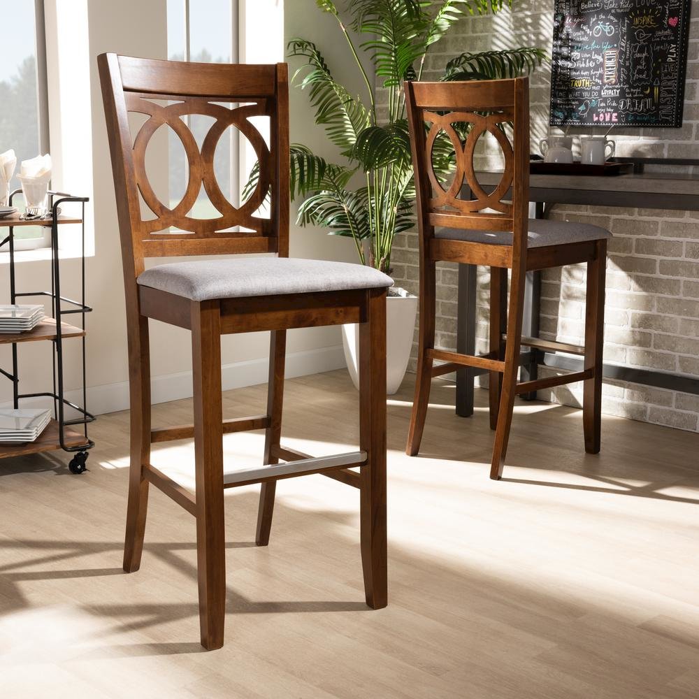 Grey Fabric Upholstered and Walnut Brown Finished Wood 2-Piece Bar Stool Set. Picture 16
