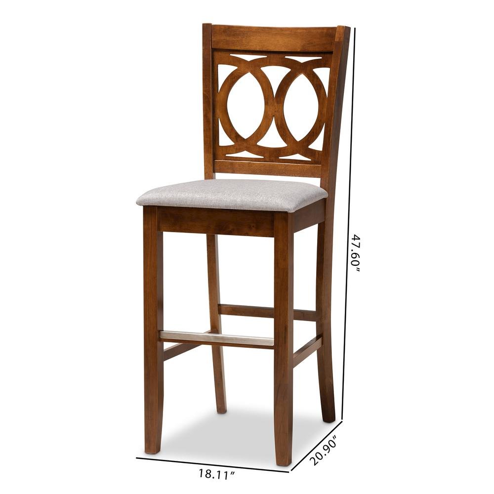 Grey Fabric Upholstered and Walnut Brown Finished Wood 2-Piece Bar Stool Set. Picture 18