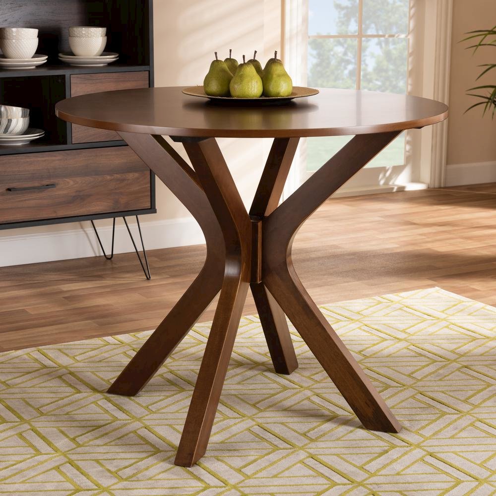 Walnut Brown Finished 34-Inch-Wide Round Wood Dining Table. Picture 12