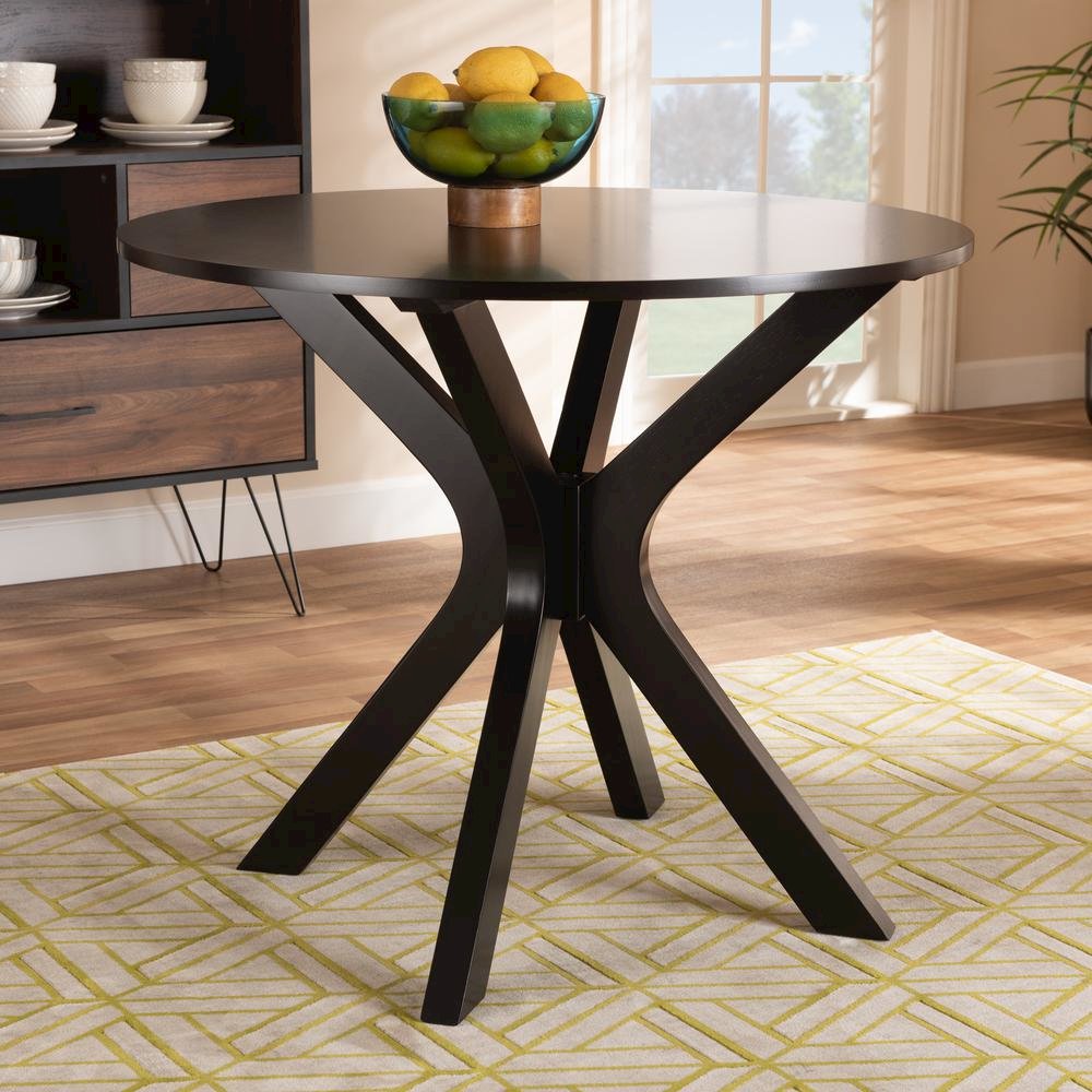 Dark Brown Finished 34-Inch-Wide Round Wood Dining Table. Picture 12