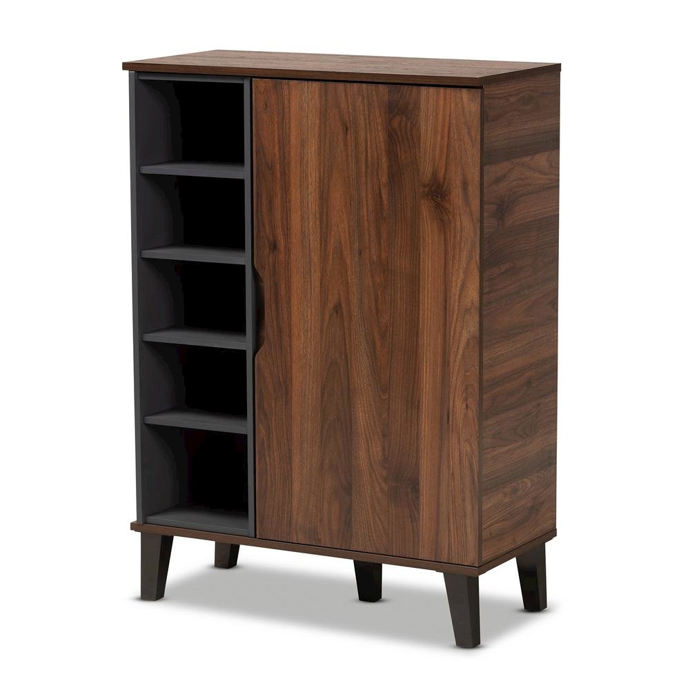 Two-Tone Walnut Brown and Grey Finished Wood 1-Door Shoe Cabinet. Picture 11