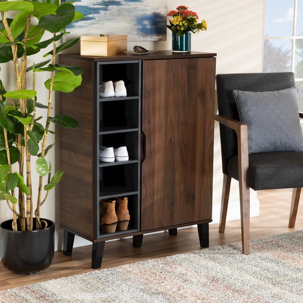 Two-Tone Walnut Brown and Grey Finished Wood 1-Door Shoe Cabinet. Picture 17