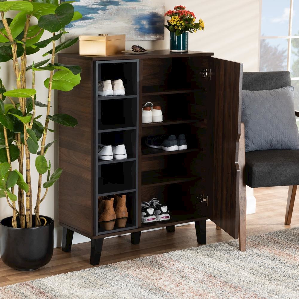 Two-Tone Walnut Brown and Grey Finished Wood 1-Door Shoe Cabinet. Picture 18