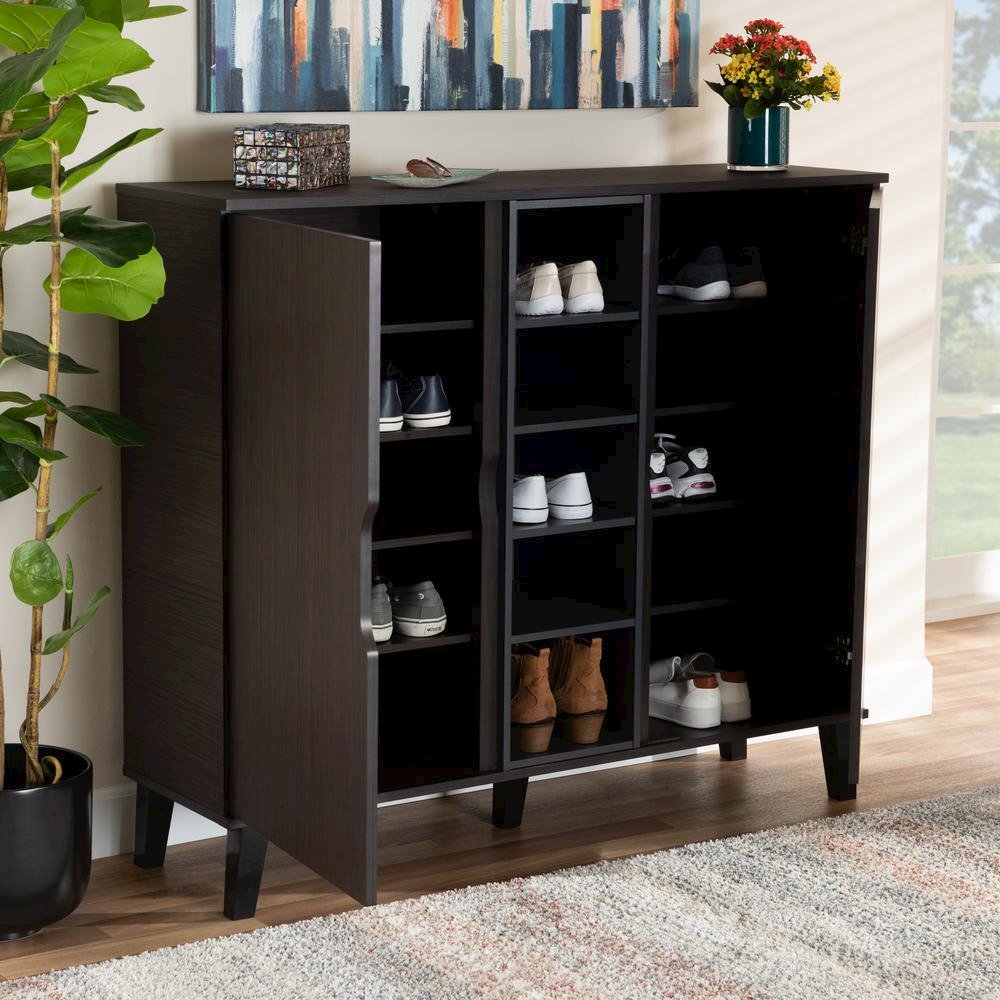 Two-Tone Dark Brown and Grey Finished Wood 2-Door Shoe Cabinet. Picture 18