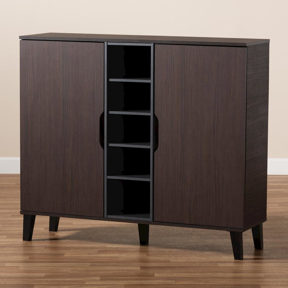 Two-Tone Dark Brown and Grey Finished Wood 2-Door Shoe Cabinet. Picture 19