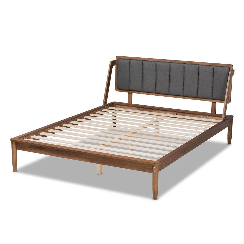 Dark Grey Fabric Upholstered and Walnut Finished Full Size Platform Bed. Picture 13