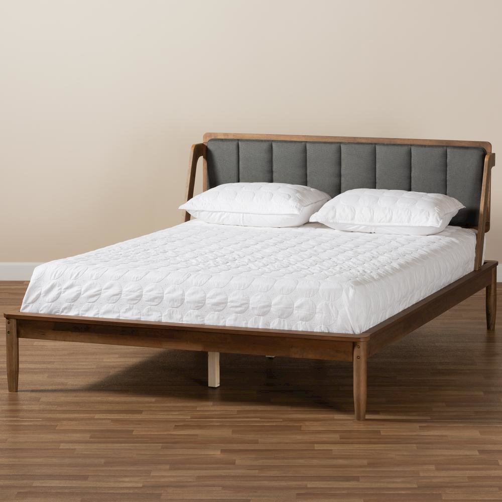 Dark Grey Fabric Upholstered and Walnut Finished Full Size Platform Bed. Picture 17