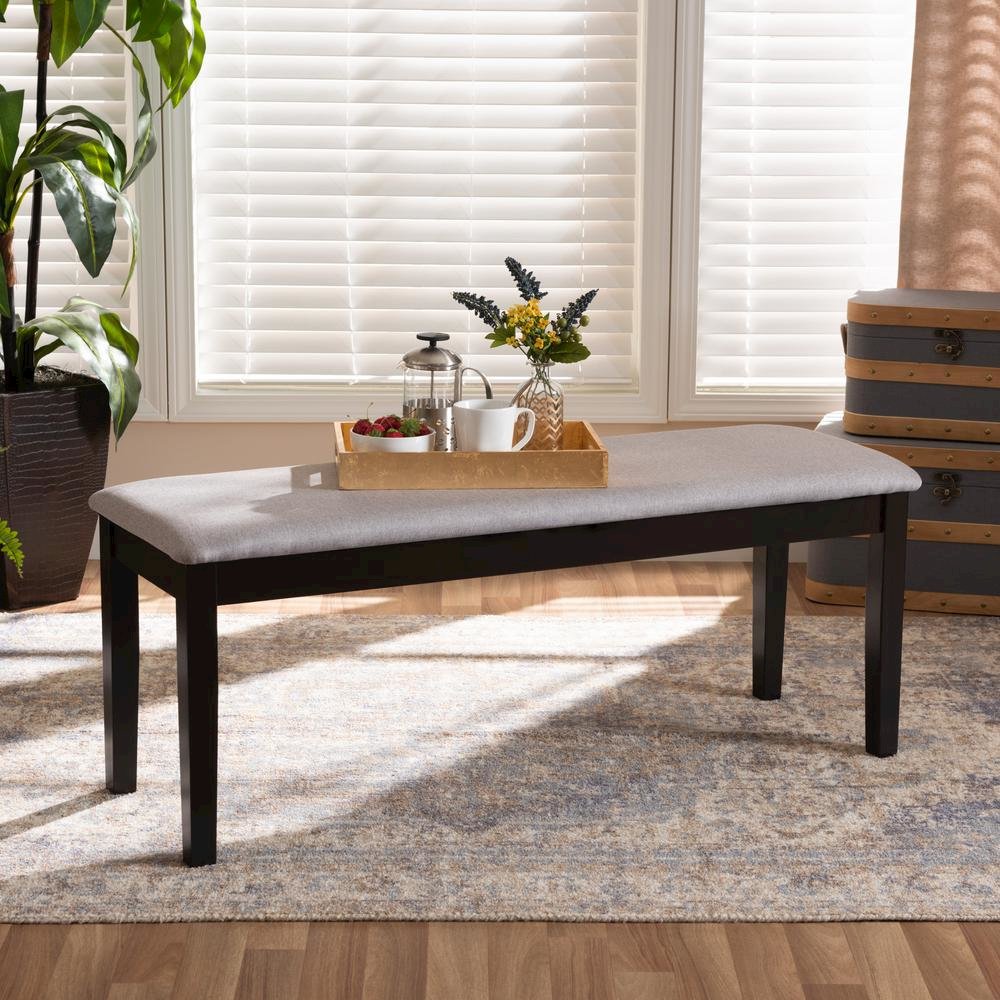 Transitional Grey Fabric Upholstered and Dark Brown Finished Wood Dining Bench. Picture 12