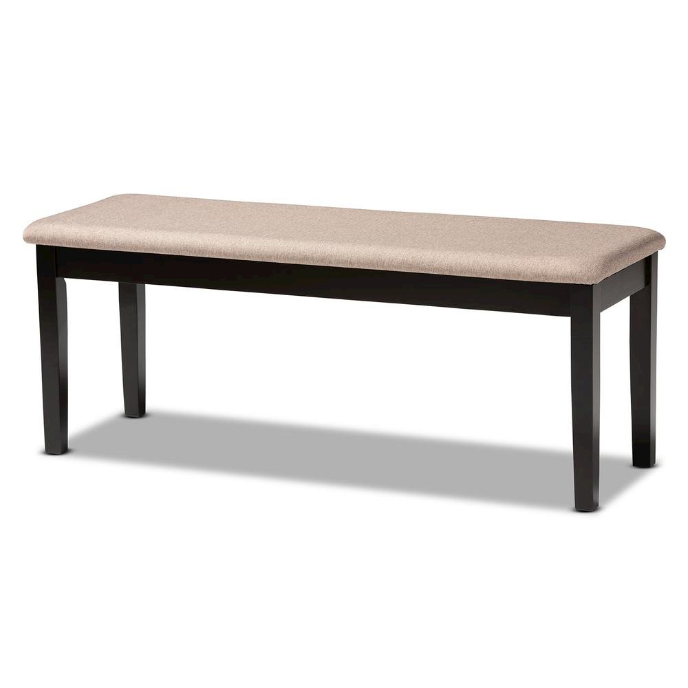 Transitional Sand Fabric Upholstered and Dark Brown Finished Wood Dining Bench. Picture 8