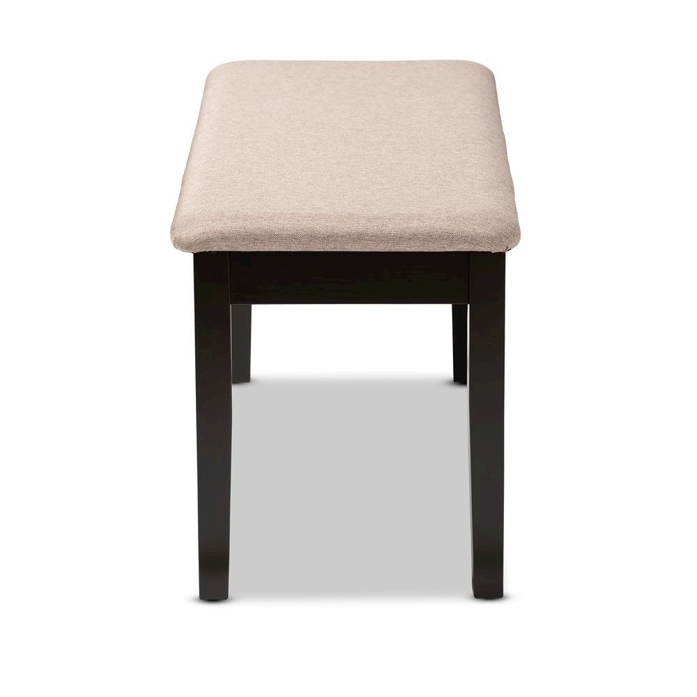 Transitional Sand Fabric Upholstered and Dark Brown Finished Wood Dining Bench. Picture 10