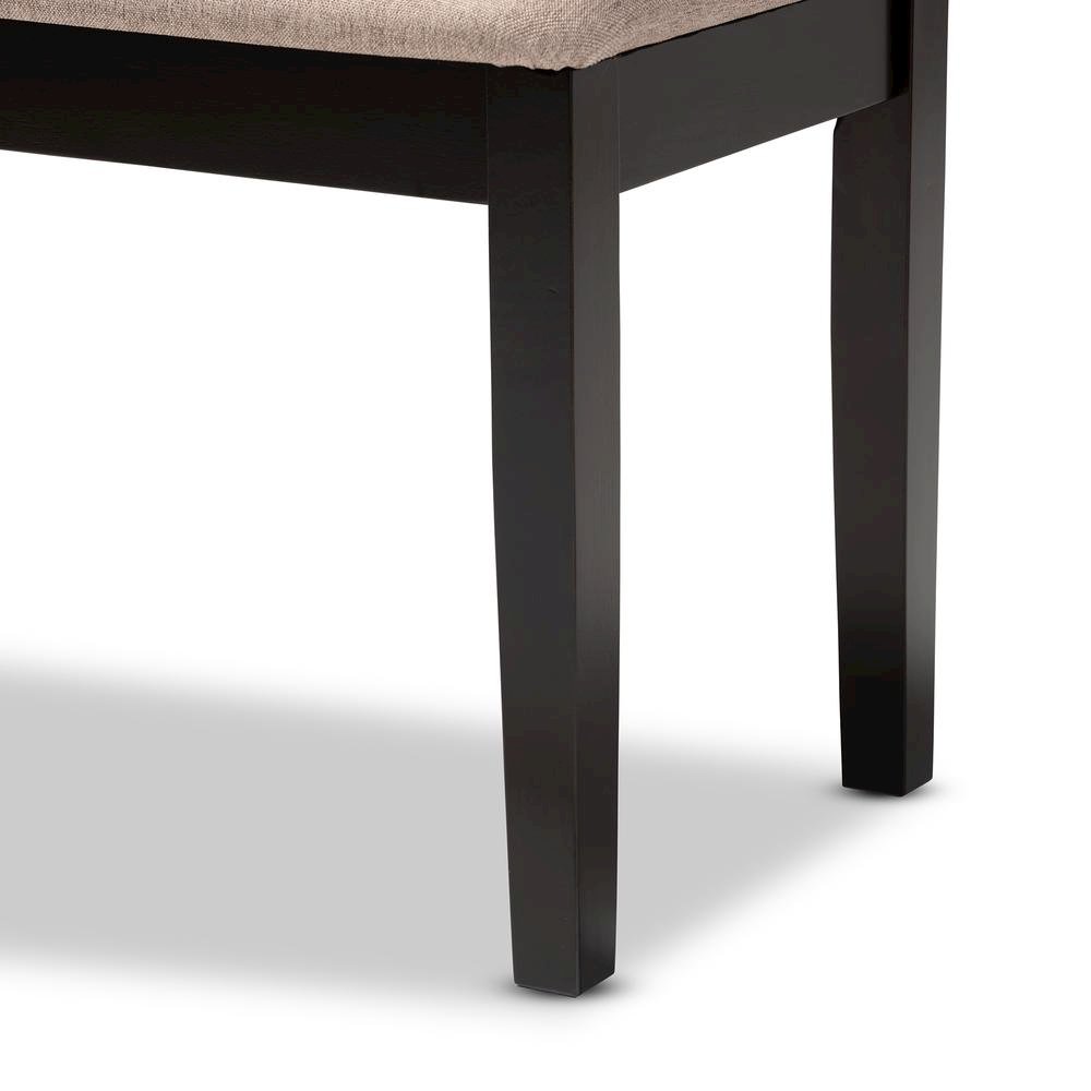 Transitional Sand Fabric Upholstered and Dark Brown Finished Wood Dining Bench. Picture 11