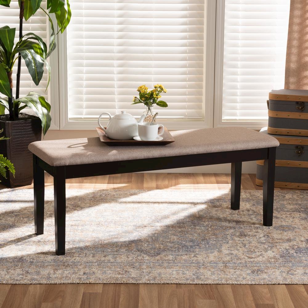 Transitional Sand Fabric Upholstered and Dark Brown Finished Wood Dining Bench. Picture 12