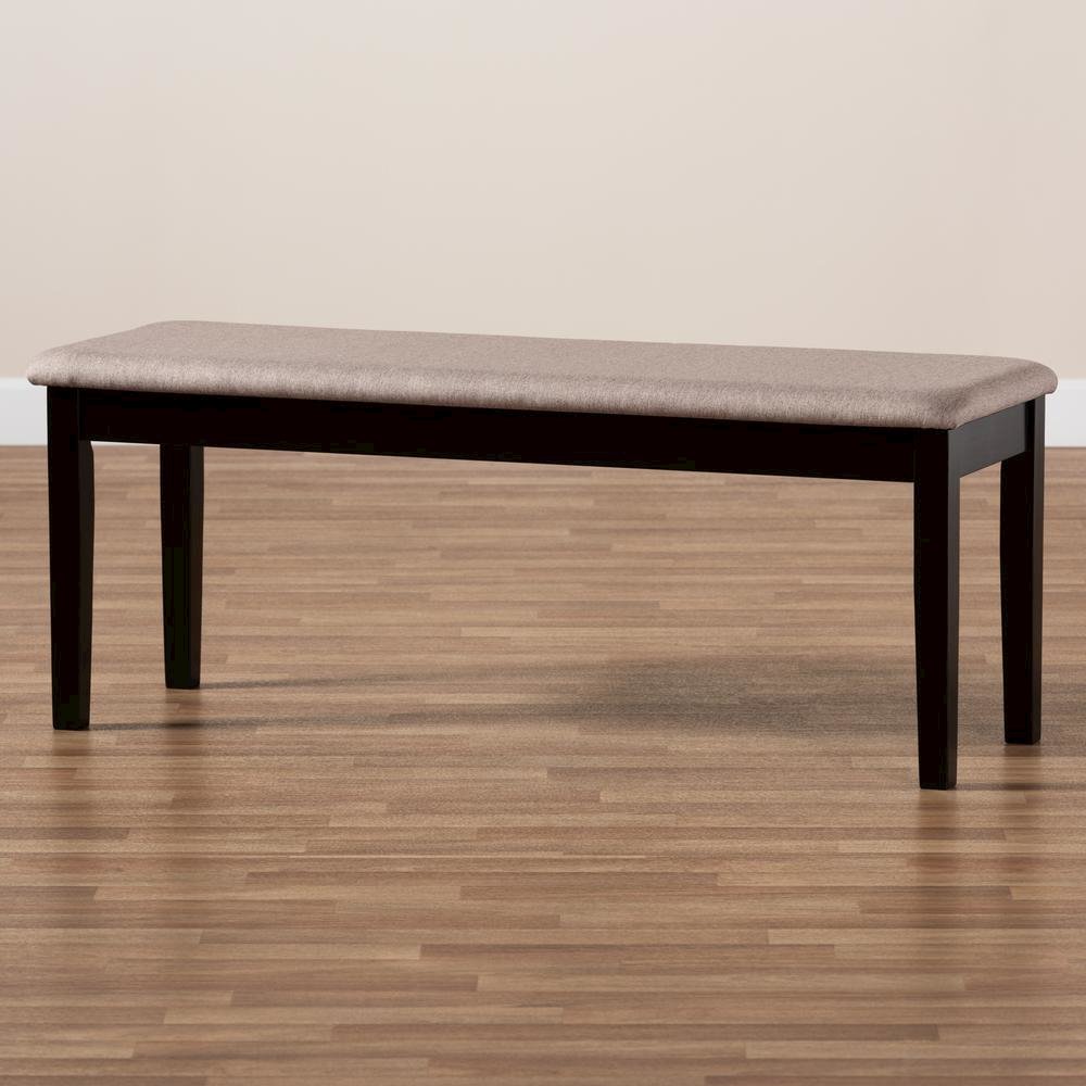 Transitional Sand Fabric Upholstered and Dark Brown Finished Wood Dining Bench. Picture 13