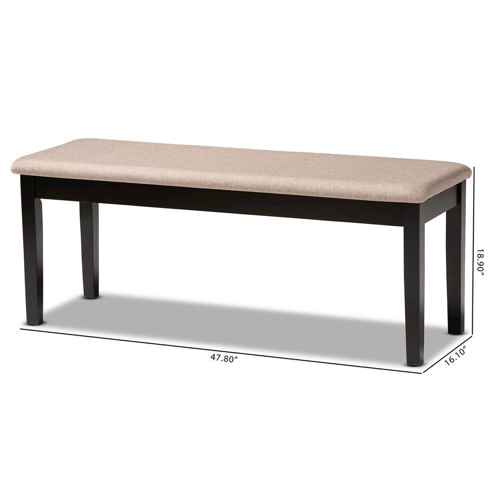 Transitional Sand Fabric Upholstered and Dark Brown Finished Wood Dining Bench. Picture 14