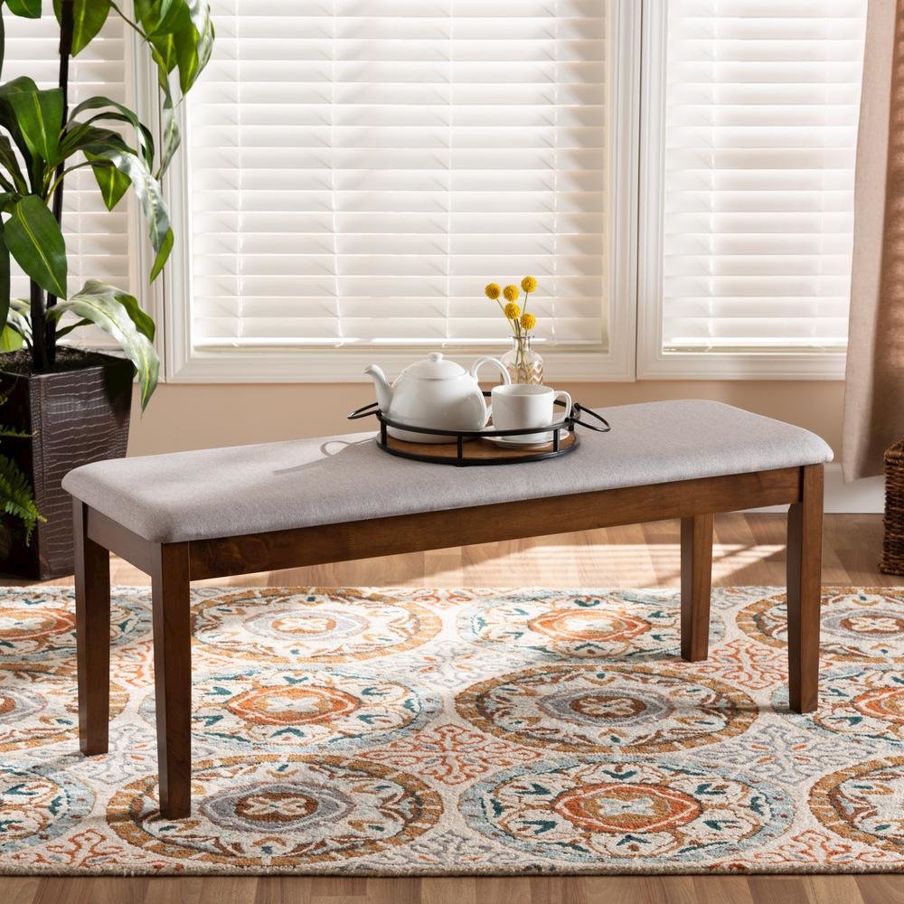 Transitional Grey Fabric Upholstered and Walnut Brown Finished Wood Dining Bench. Picture 12