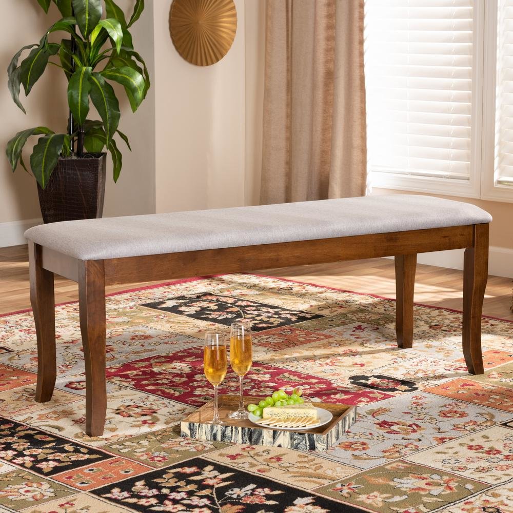 Transitional Grey Fabric Upholstered and Walnut Brown Finished Wood Dining Bench. Picture 12