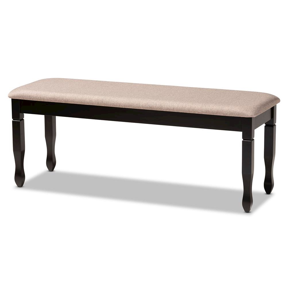 Sand Fabric Upholstered and Dark Brown Finished Wood Dining Bench. Picture 8