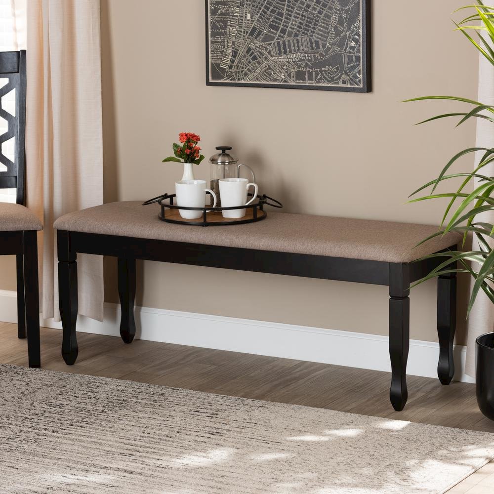 Sand Fabric Upholstered and Dark Brown Finished Wood Dining Bench. Picture 12