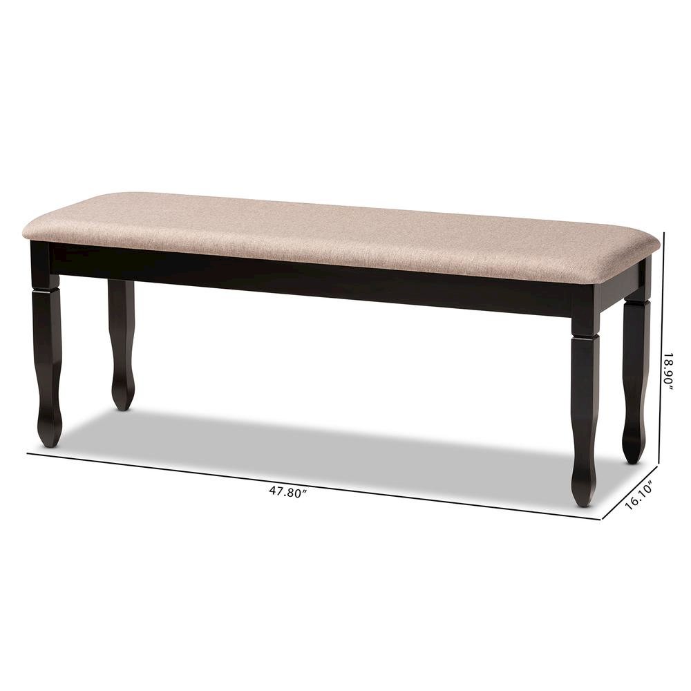 Sand Fabric Upholstered and Dark Brown Finished Wood Dining Bench. Picture 14