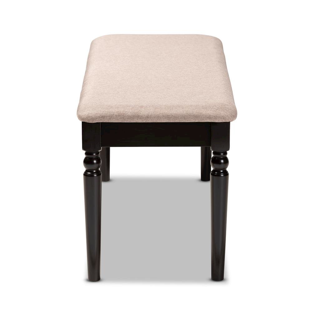 Sand Fabric Upholstered and Dark Brown Finished Wood Dining Bench. Picture 10