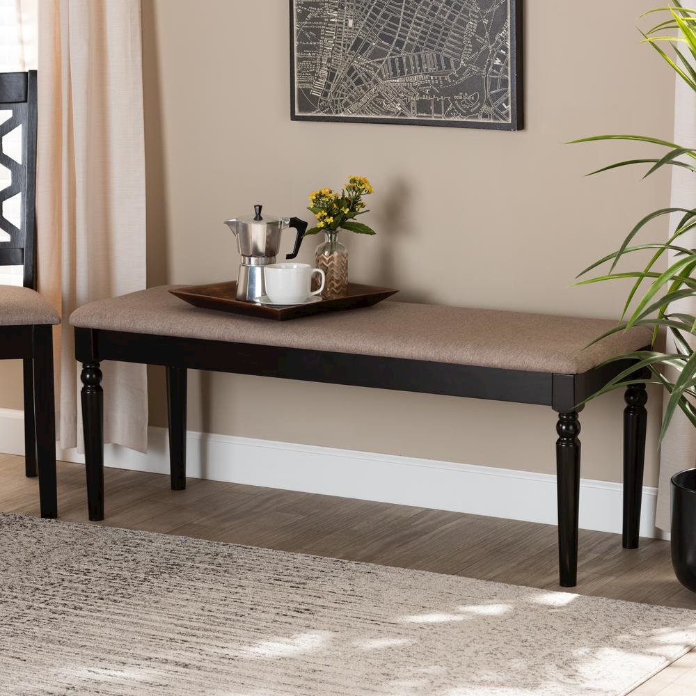 Sand Fabric Upholstered and Dark Brown Finished Wood Dining Bench. Picture 12