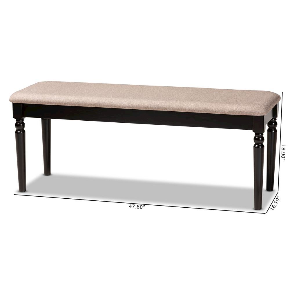 Sand Fabric Upholstered and Dark Brown Finished Wood Dining Bench. Picture 14