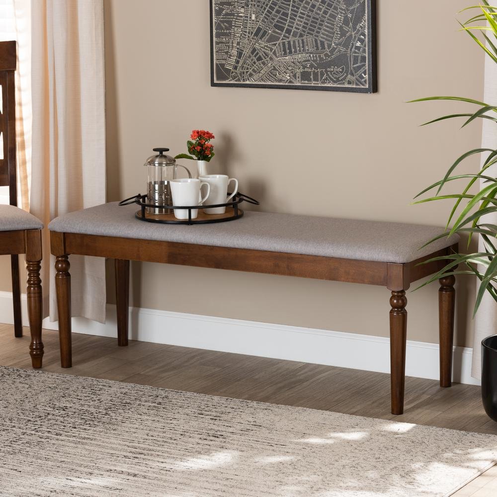 Grey Fabric Upholstered and Walnut Brown Finished Wood Dining Bench. Picture 12