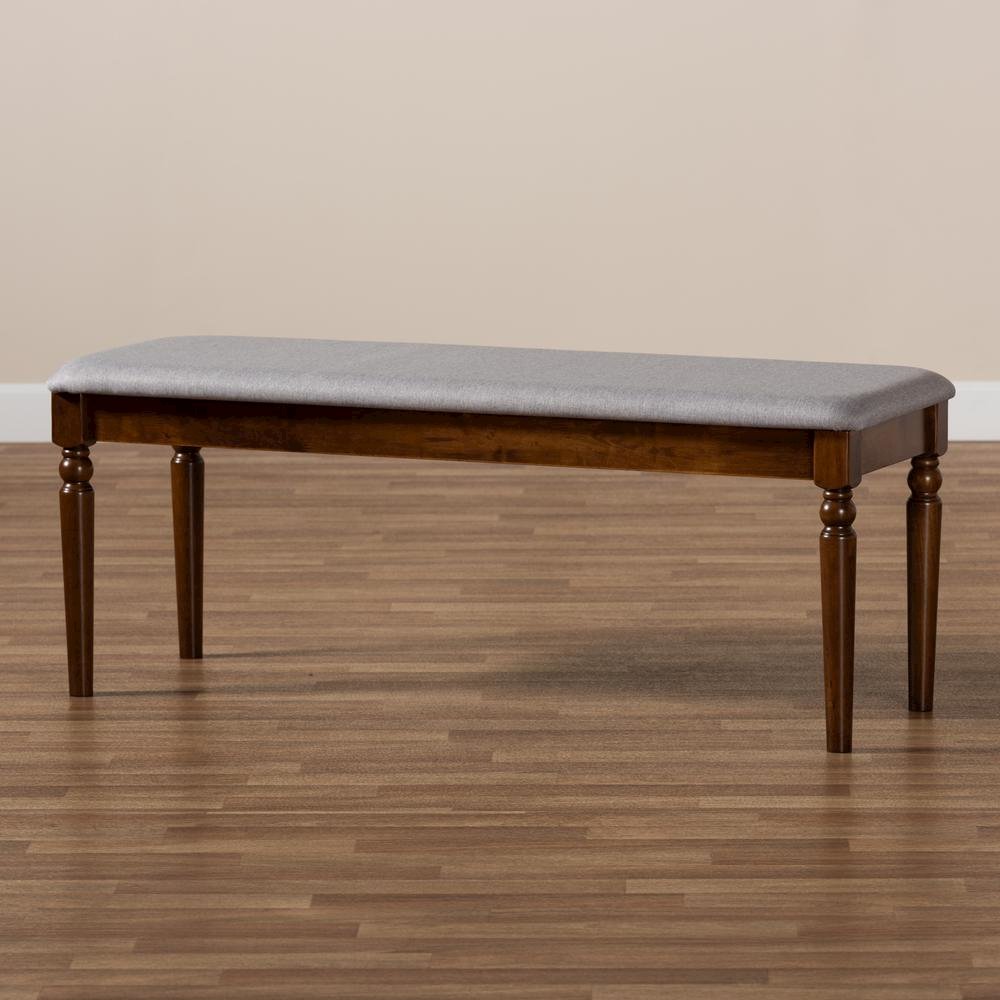 Grey Fabric Upholstered and Walnut Brown Finished Wood Dining Bench. Picture 13